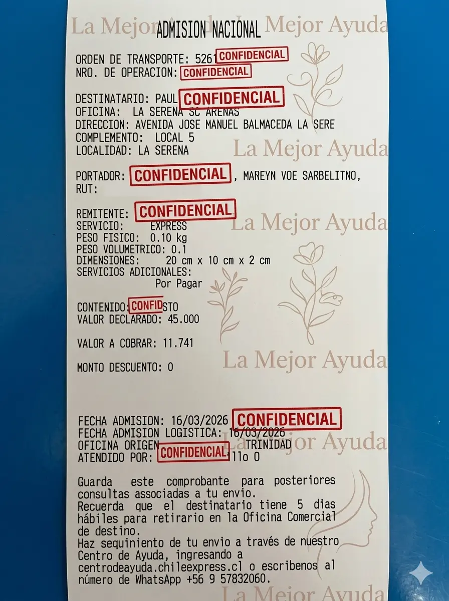 Comprobante actual de ayuda verificable con datos personales protegidos